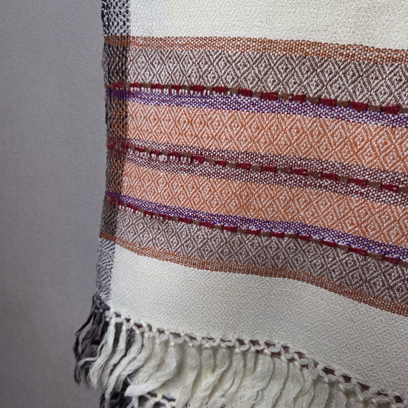 Bhuttico Hand Loom Wool Cream and Purple Orange Fringed Scarf - Picture 4 of 7